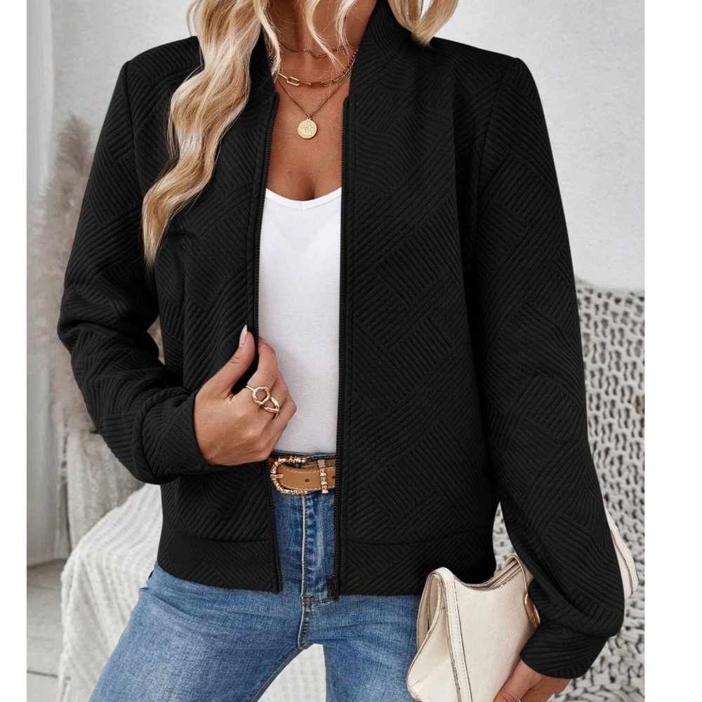 Black Textured Bomber Jacket - Women's Casual Zip-Up